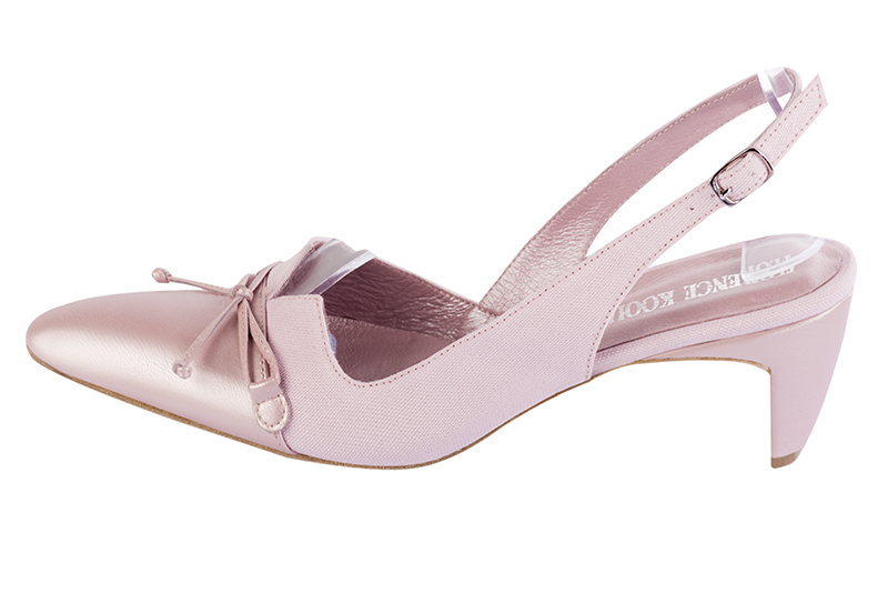 Light pink women's open back shoes, with a knot. Tapered toe. Medium comma heels. Profile view - Florence KOOIJMAN